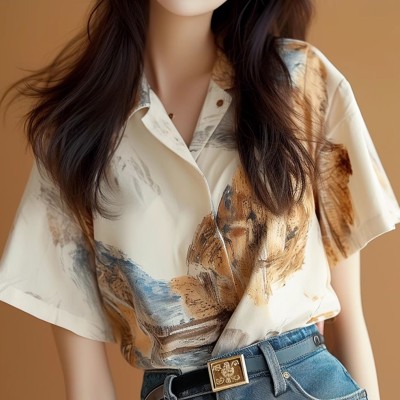 <!--白色水墨画印花短袖衬衫女2024新款夏季高端上衣奢华别致小衫-->