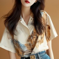 白色水墨画印花短袖衬衫女2024新款夏季高端上衣奢华别致小衫