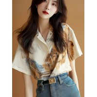 白色水墨画印花短袖衬衫女2024新款夏季高端上衣奢华别致小衫