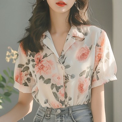 <!--绝美法式白色碎花短袖衬衫女高级感轻奢衬衣夏季薄款别致绝美小衫-->