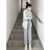 海浪条薄款防晒衬衫女春夏设计感小众长袖衬衣女