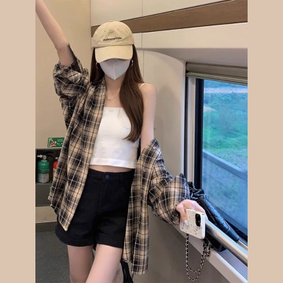 <!--格子衬衫外套女2024夏季新款薄款设计感小众长袖上衣防晒衬衣-->