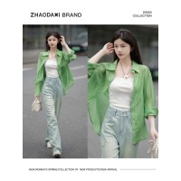 ｜翡绿衬衫｜宽松显瘦天丝防晒衬衫2024春季新款翻领绿色上衣