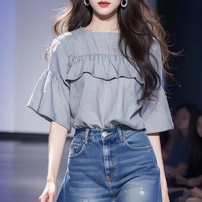 <!--独特别致灰色荷叶边短袖T恤女2024年夏季新款衬衫小衫绝美小上衣-->