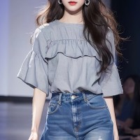 独特别致灰色荷叶边短袖T恤女2024年夏季新款衬衫小衫绝美小上衣