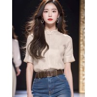 今年流行漂亮小衫新中式女装米黄色GU风立领短袖衬衫2024早春新款