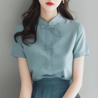 新中式GU潮风上衣浅蓝色棉麻衬衫女夏季今年流行漂亮盘扣短袖上衣