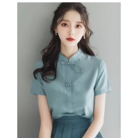 新中式GU潮风上衣浅蓝色棉麻衬衫女夏季今年流行漂亮盘扣短袖上衣