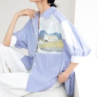蓝白条纹印花短袖衬衫女2024夏季新款小众衬衣