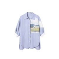 蓝白条纹印花短袖衬衫女2024夏季新款小众衬衣