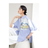 蓝白条纹印花短袖衬衫女2024夏季新款小众衬衣