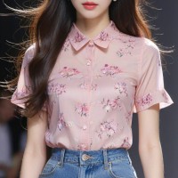 早春chic上衣新中式GU风高级感独特超好看小香风碎花短袖衬衫女夏