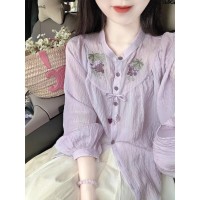 法式设计感紫色刺绣棉麻防晒衬衫女夏季别致绝美薄款空调罩衫上衣