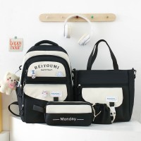 新品四件套书包女生韩版牛津布撞色小学生背包初中生双肩包高颜值