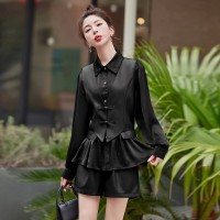 2024春季女装新款时尚盘扣假两件上衣+蛋白皮短款两件套