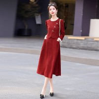 现货高级感气质显瘦2024年春季新款新中式长袖假两件连衣裙