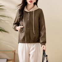 现货连帽休闲皮衣外套女小个子春秋季时尚宽松显瘦短款皮夹克