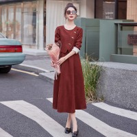 2024春季假两件套长袖连衣裙女气质流心法式圆领灯芯绒系带裙