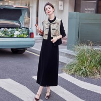 现货2024春季新中式盘扣马甲外套丝绒连衣裙两件套新