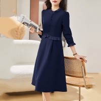 2024春装新款收腰显瘦木耳边拼接长袖连衣裙
