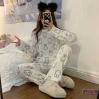 睡衣女秋冬季加厚保暖法兰绒睡衣女冬长袖珊瑚绒女士家居服套装