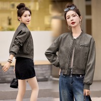 现货时髦做旧复古新款短款立领机车服