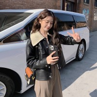 现货春季新款毛线领相拼皮衣外套779