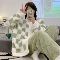 珊瑚绒睡衣女士2024年秋冬季加绒加厚法兰绒水蜜桃家居服两件套装