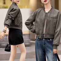 现货时髦做旧复古新款短款立领机车服