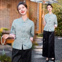 现货2024年春季新中式提花盘扣短外套女蓝色高级感改良唐装上衣