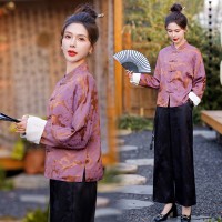 现货2024年春季新中式提花盘扣短外套女蓝色高级感改良唐装上衣