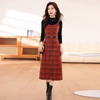 现货2024年新款春季女时尚显瘦格子两件套连衣裙