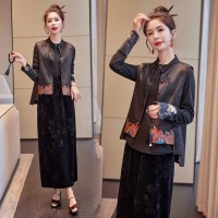 现货2024春季新款guo风盘扣马甲女双面穿海浪刺绣三件套套裙