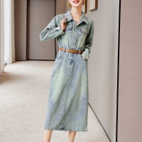 美式复古牛仔连衣裙女春秋2024新款法式收腰显瘦气质洋气开叉长裙
