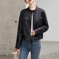欧货圆领长袖搭扣皮衣外套女2024年春季新款机车时尚皮夹克短外套