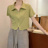Polo衫翻领纯棉短袖t恤女夏季法式修身正肩拉链短款上衣
