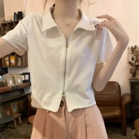 Polo衫翻领纯棉短袖t恤女夏季法式修身正肩拉链短款上衣