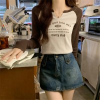 美式复古螺纹长袖女秋撞色插肩内搭打底衫不规则短款上衣