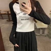 美式复古螺纹长袖女秋撞色插肩内搭打底衫不规则短款上衣