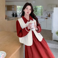 大货已下春款马甲连衣裙套装702红