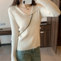 高级感法式polo领针织打底衫女春秋修身显瘦v领气质上衣