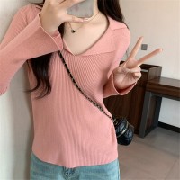 高级感法式polo领针织打底衫女春秋修身显瘦v领气质上衣