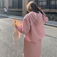 【春款现货好款】荷叶卷显白粉色二件套装卫衣裙