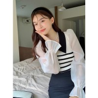 2024春季韩系气质冰丝弹力针织拼接网纱喇叭袖条纹上衣