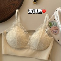 法式无痕贴合超薄冰丝内衣女固定一体乳胶杯无钢圈蕾丝文胸美背