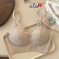 法式无痕贴合超薄冰丝内衣女固定一体乳胶杯无钢圈蕾丝文胸美背