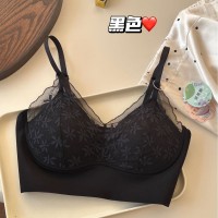 法式无痕贴合超薄冰丝内衣女固定一体乳胶杯无钢圈蕾丝文胸美背