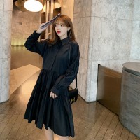 2024春季韩版不规则chic纯色长袖单排扣衬衫连衣裙小白裙
