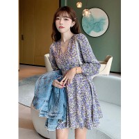 2024春季韩版女装法式浪漫长袖碎花V领连衣裙度假裙子女
