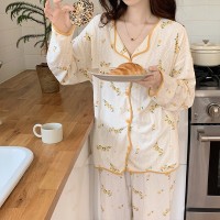 春秋款纯棉睡衣女长袖长裤2024秋季红提花黄花家居服套装